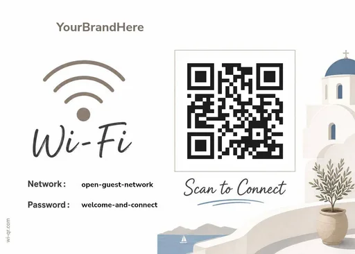Minimal coastal Mediterranean-style Wi-Fi sign template for outdoor & travel spots (landscape 1.4:1)