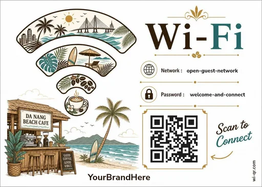 Warm coastal Southeast Asian-style Wi-Fi sign template for cafés & shops (landscape 1.4:1)