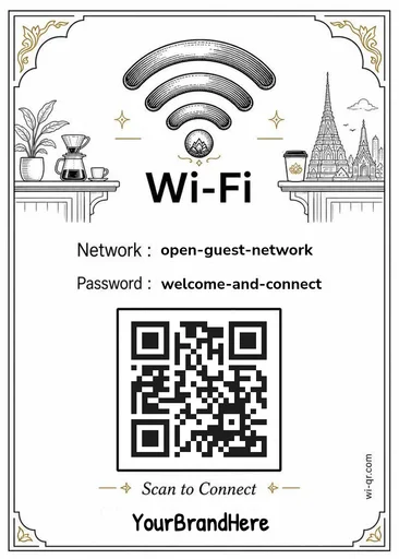 Vintage Southeast Asian-style Wi-Fi sign template for cafés & shops (portrait 1:1.4)
