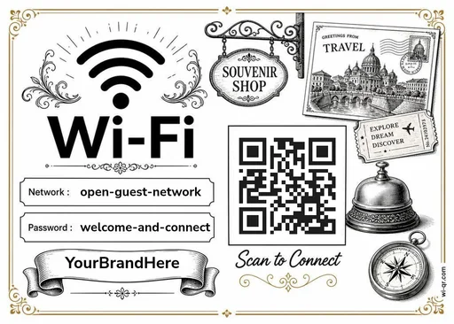 Vintage urban Mediterranean-style Wi-Fi sign template for cafés & shops (landscape 1.4:1)
