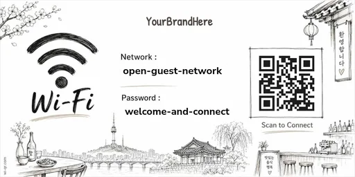 Vintage traditional Korean-style Wi-Fi sign template for restaurants & bars (wide 2:1)