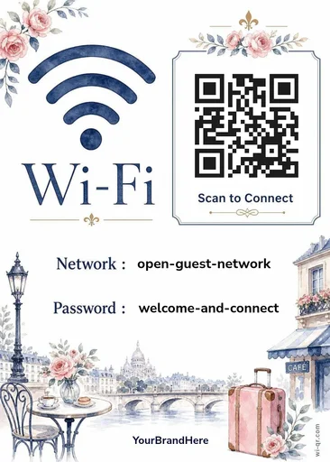 Vintage urban French-style Wi-Fi sign template for cafés & shops (portrait 1:1.4)
