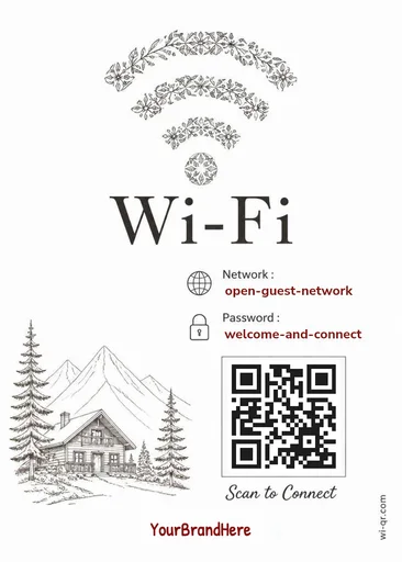 Minimal forest Wi-Fi sign template for stays & guest rooms (portrait 1:1.4)