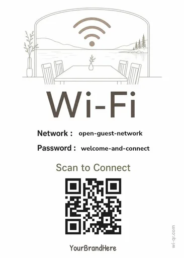 Minimal lakeside Wi-Fi sign template for restaurants & bars (portrait 1:1.4)
